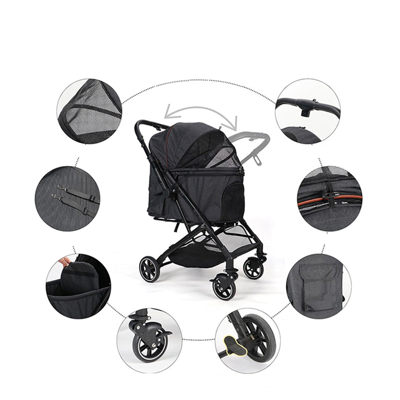 Foldable Pet Stroller with 4 One Wheels Multifunctional Aluminum Removable Cats Dogs Bags Storage Basket Travel Outdoor - Black