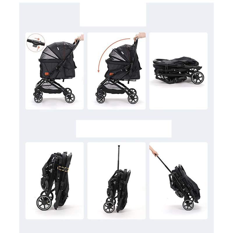 Foldable Pet Stroller with 4 One Wheels Multifunctional Aluminum Removable Cats Dogs Bags Storage Basket Travel Outdoor - Black