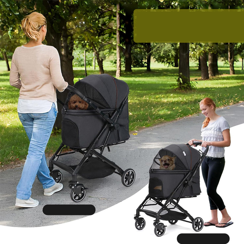Foldable Pet Stroller with 4 One Wheels Multifunctional Aluminum Removable Cats Dogs Bags Storage Basket Travel Outdoor - Black