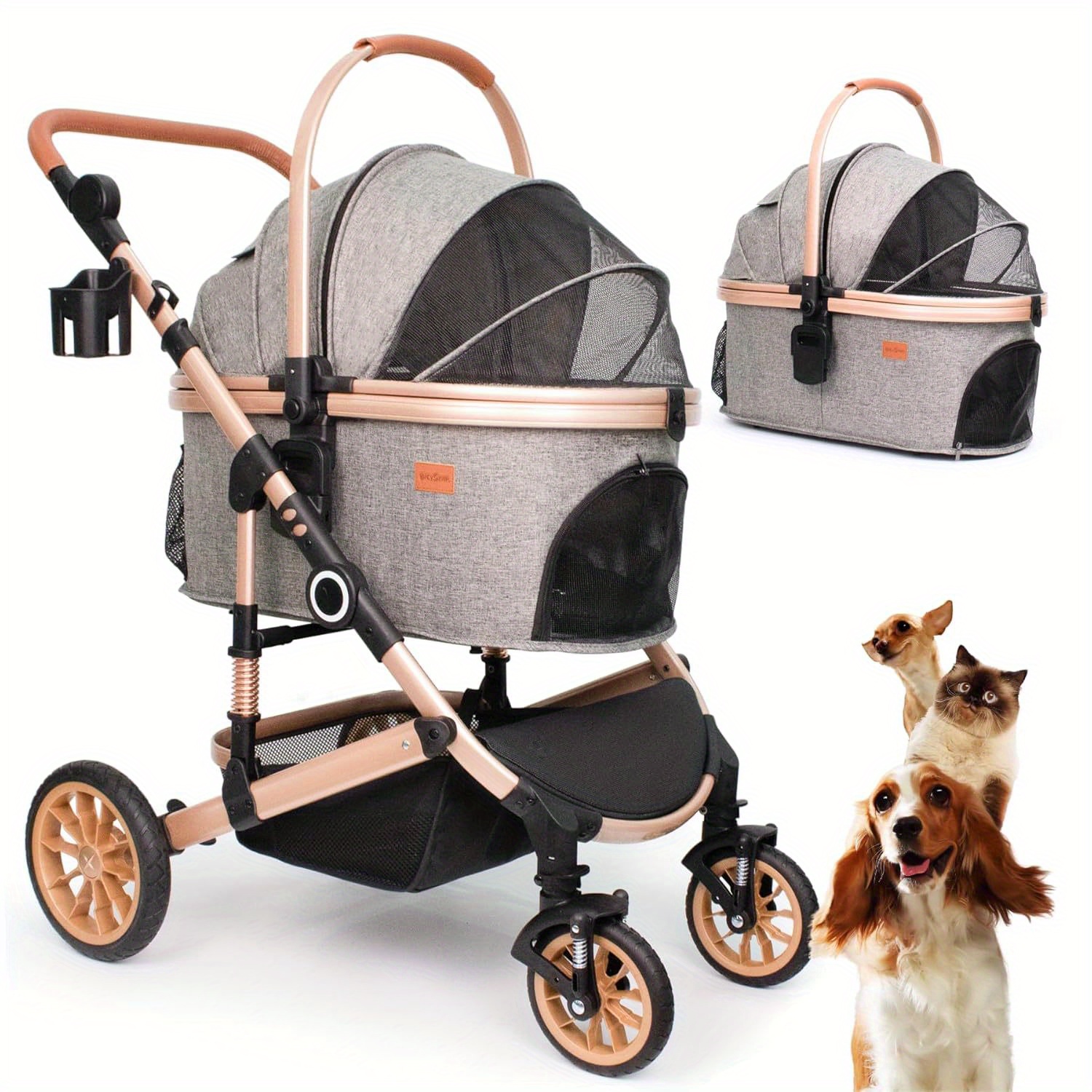 Foldable Pet Stroller with 4 One Wheels Multifunctional Aluminum Removable Cats Dogs Bags Storage Basket Travel Outdoor - Gray
