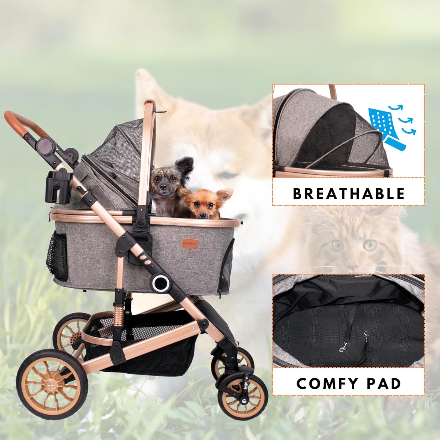 Foldable Pet Stroller with 4 One Wheels Multifunctional Aluminum Removable Cats Dogs Bags Storage Basket Travel Outdoor - Gray