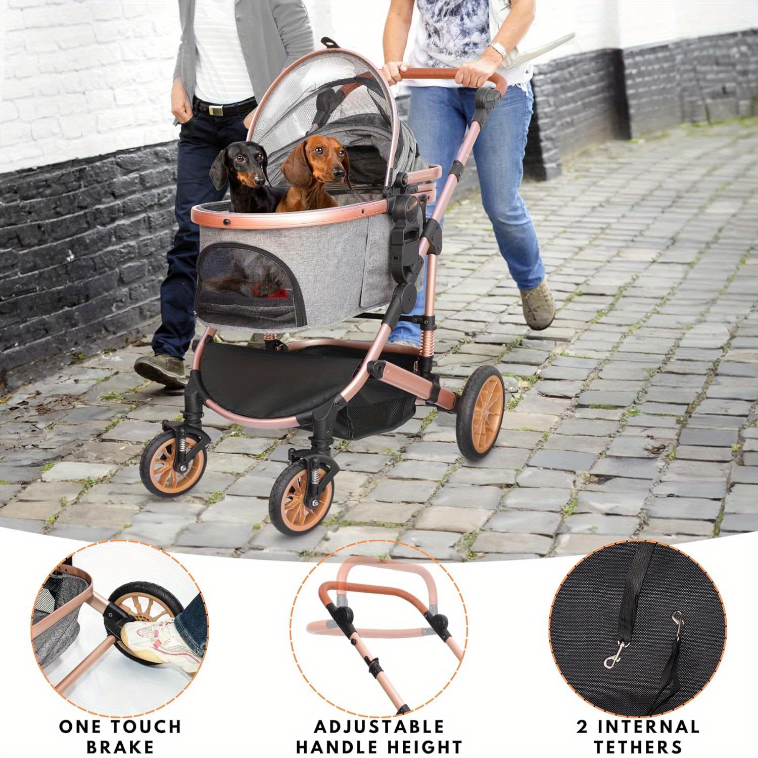Foldable Pet Stroller with 4 One Wheels Multifunctional Aluminum Removable Cats Dogs Bags Storage Basket Travel Outdoor - Gray