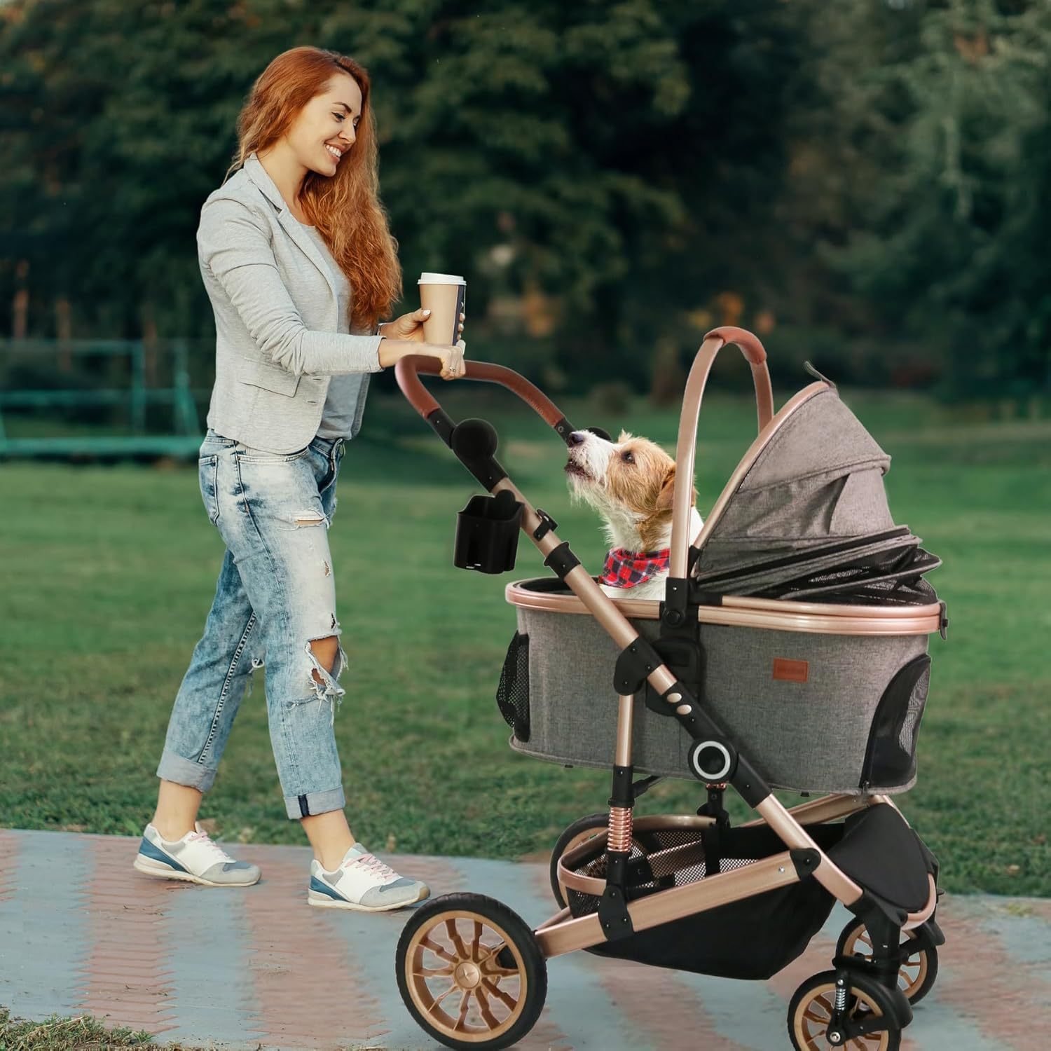 Foldable Pet Stroller with 4 One Wheels Multifunctional Aluminum Removable Cats Dogs Bags Storage Basket Travel Outdoor - Gray