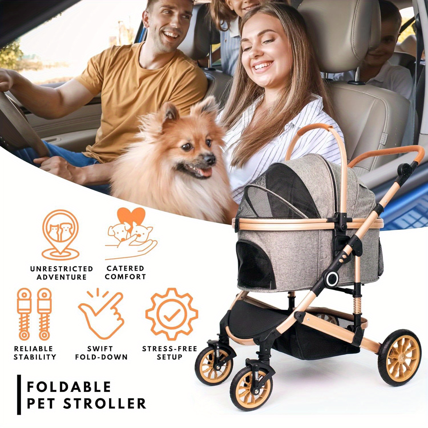Foldable Pet Stroller with 4 One Wheels Multifunctional Aluminum Removable Cats Dogs Bags Storage Basket Travel Outdoor - Gray