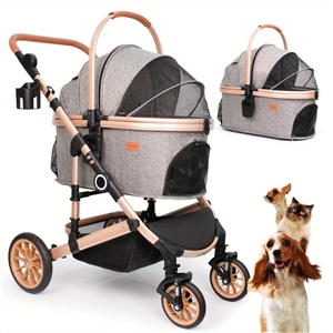 Foldable Pet Stroller with 4 One Wheels Multifunctional Aluminum Removable Cats Dogs Bags Storage Basket Travel Outdoor - Gray