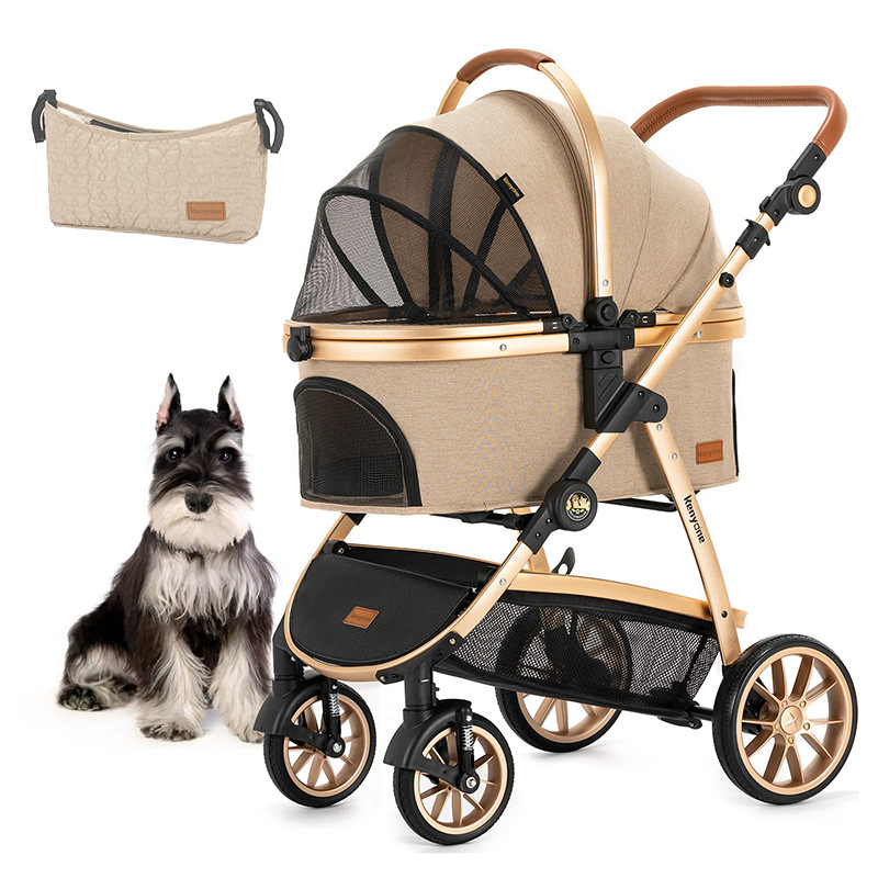 Foldable Pet Stroller with 4 One Wheels Multifunctional Aluminum Removable Cats Dogs Bags Storage Basket Travel Outdoor - Khaki