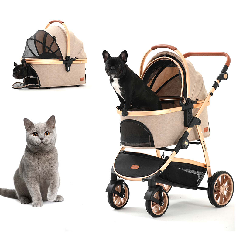 Foldable Pet Stroller with 4 One Wheels Multifunctional Aluminum Removable Cats Dogs Bags Storage Basket Travel Outdoor - Khaki
