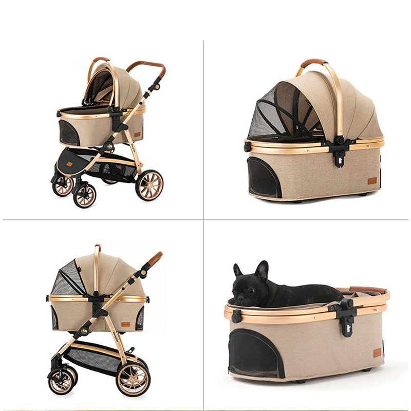 Foldable Pet Stroller with 4 One Wheels Multifunctional Aluminum Removable Cats Dogs Bags Storage Basket Travel Outdoor - Khaki