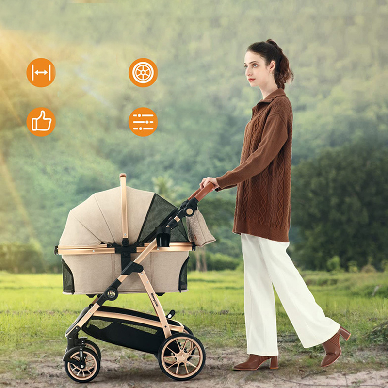 Foldable Pet Stroller with 4 One Wheels Multifunctional Aluminum Removable Cats Dogs Bags Storage Basket Travel Outdoor - Khaki