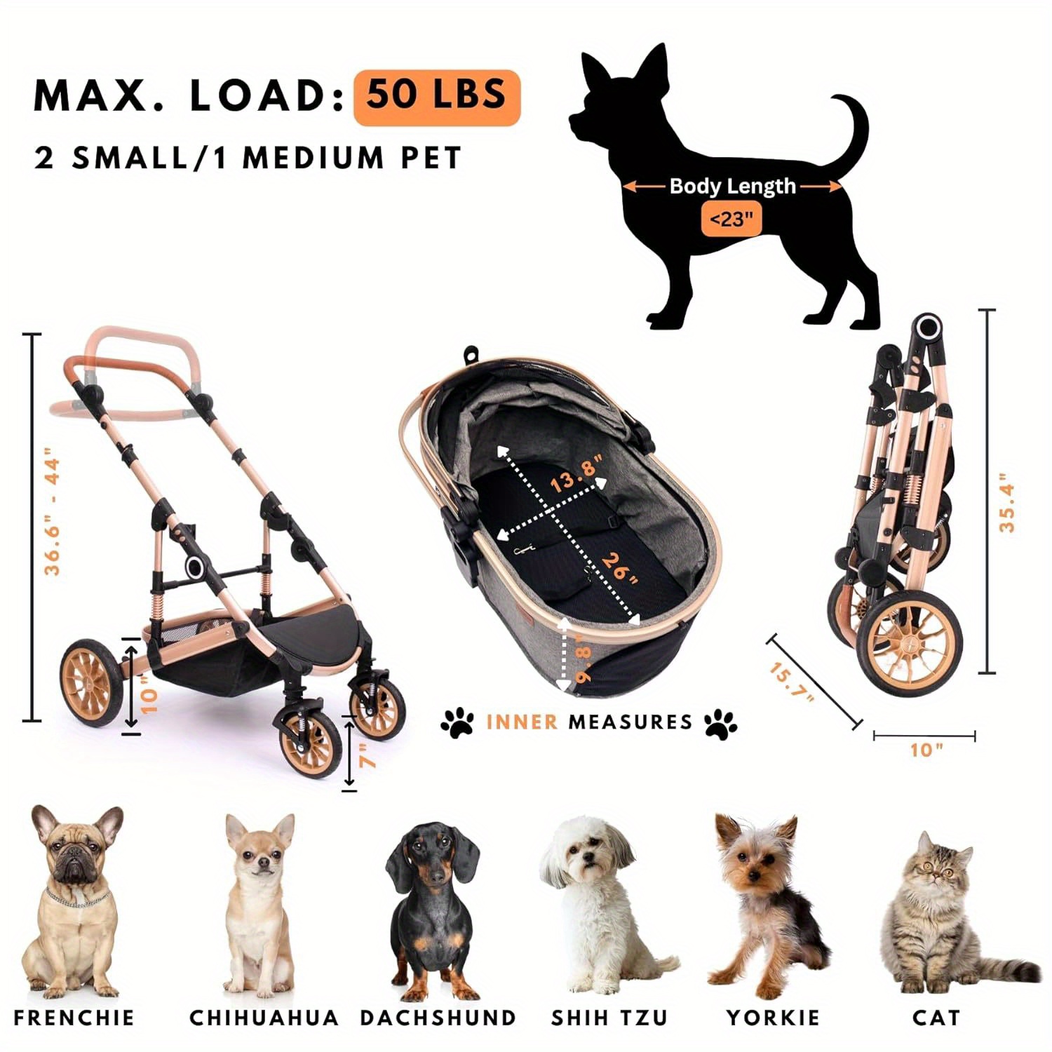 Foldable Pet Stroller with 4 One Wheels Multifunctional Aluminum Removable Cats Dogs Bags Storage Basket Travel Outdoor - Black