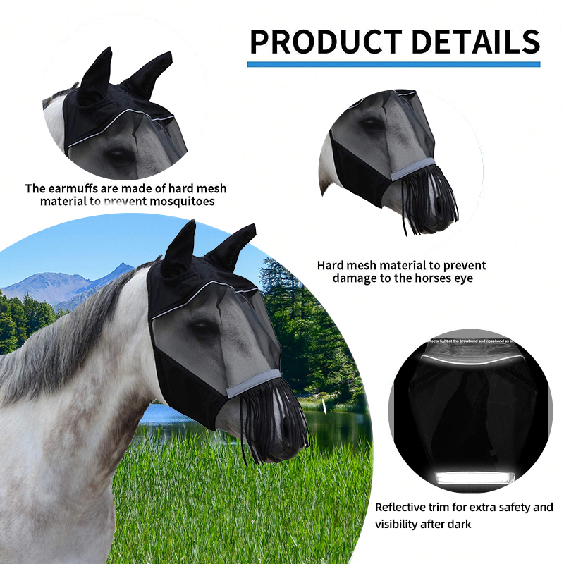 Fringes Polyester Mosquito Repellent Summer Breathable Horse Fly Mask With Ears And Nose Cover Comfortable Mesh Ride Horse Supplies - Black