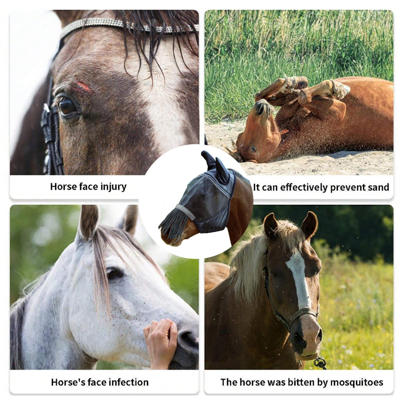 Fringes Polyester Mosquito Repellent Summer Breathable Horse Fly Mask With Ears And Nose Cover Comfortable Mesh Ride Horse Supplies - Black