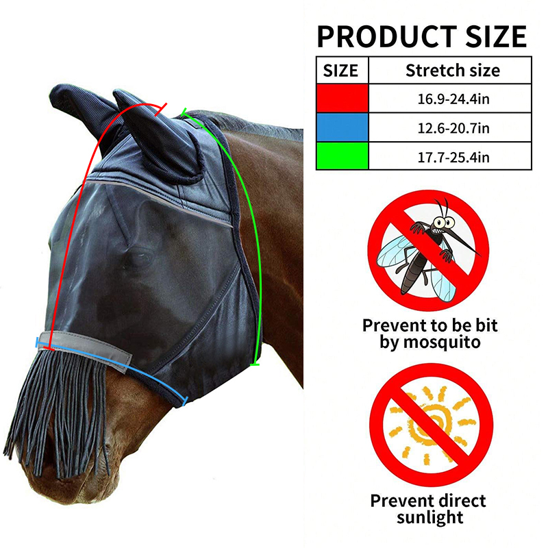 Fringes Polyester Mosquito Repellent Summer Breathable Horse Fly Mask With Ears And Nose Cover Comfortable Mesh Ride Horse Supplies - Black