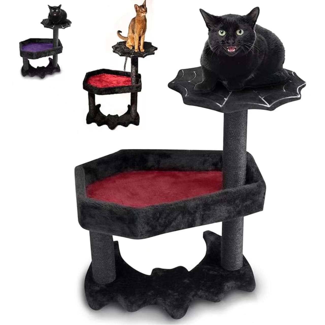 Halloween Bat Cat Tower Big Cats Climbing Tree Cat Condo Scratching Post Two Level Large Cat Climbing Cat Toy - Black