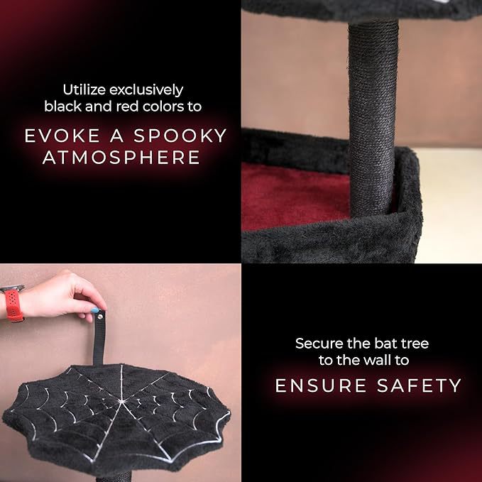 Halloween Bat Cat Tower Big Cats Climbing Tree Cat Condo Scratching Post Two Level Large Cat Climbing Cat Toy - Black