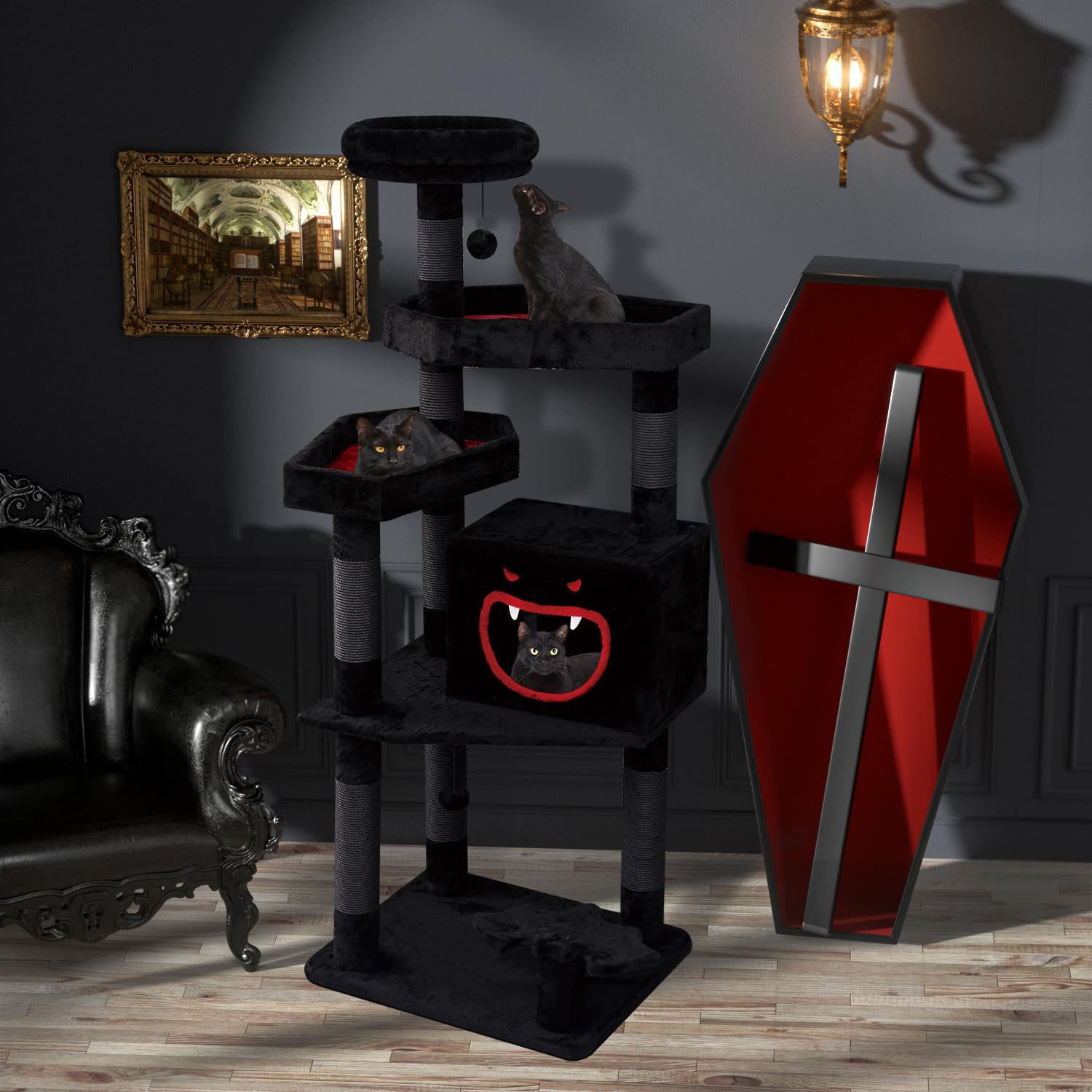 Halloween Cat Villa Cat Tower Big Cats Climbing Tree Cat Condo Scratching Post Multi-Level Large Cat Climbing Capsule - Black