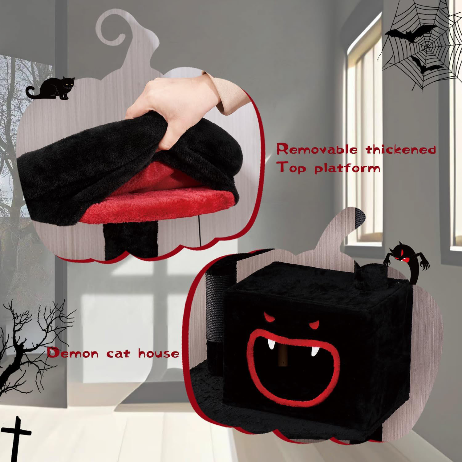 Halloween Cat Villa Cat Tower Big Cats Climbing Tree Cat Condo Scratching Post Multi-Level Large Cat Climbing Capsule - Black