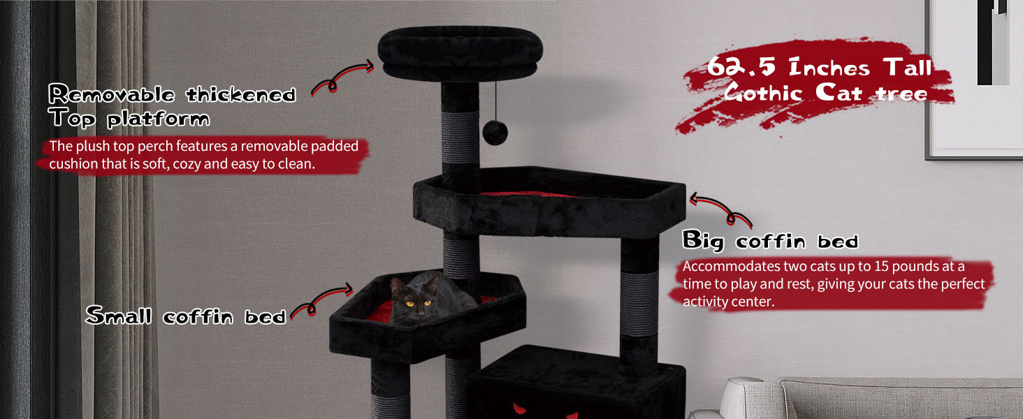 Halloween Cat Villa Cat Tower Big Cats Climbing Tree Cat Condo Scratching Post Multi-Level Large Cat Climbing Capsule - Black