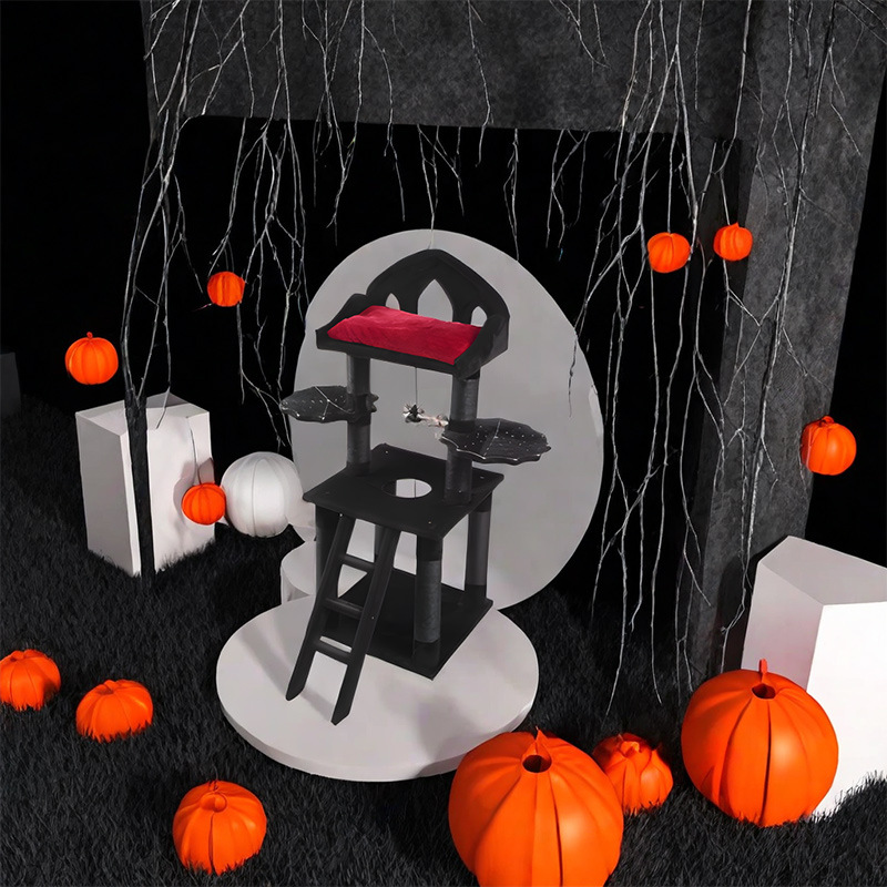 Halloween Pumpkin Cat Tower Big Cats Climbing Tree Cat Condo Scratching Post Multi-Level Large Cat Climbing Ladder Stairs - Black