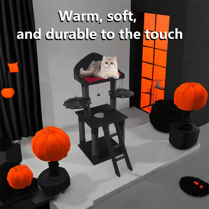 Halloween Pumpkin Cat Tower Big Cats Climbing Tree Cat Condo Scratching Post Multi-Level Large Cat Climbing Ladder Stairs - Black