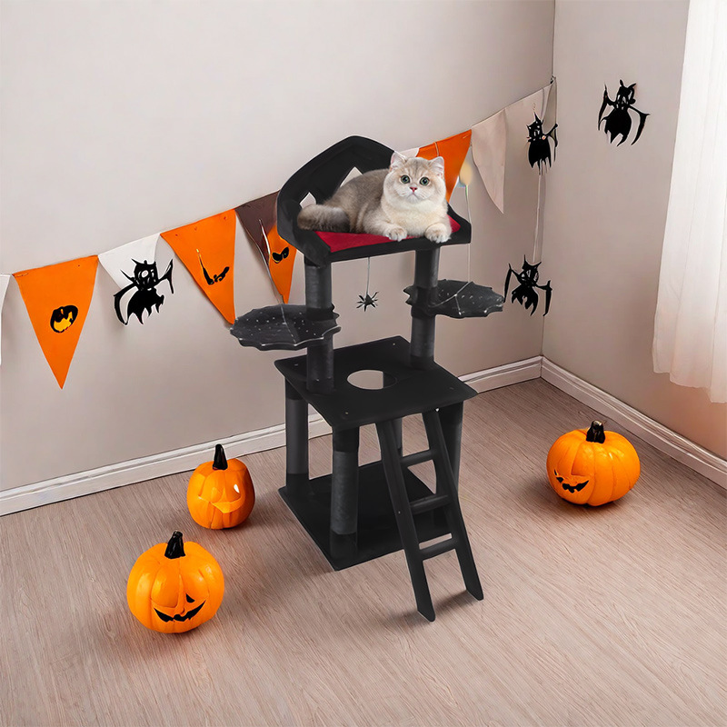 Halloween Pumpkin Cat Tower Big Cats Climbing Tree Cat Condo Scratching Post Multi-Level Large Cat Climbing Ladder Stairs - Black