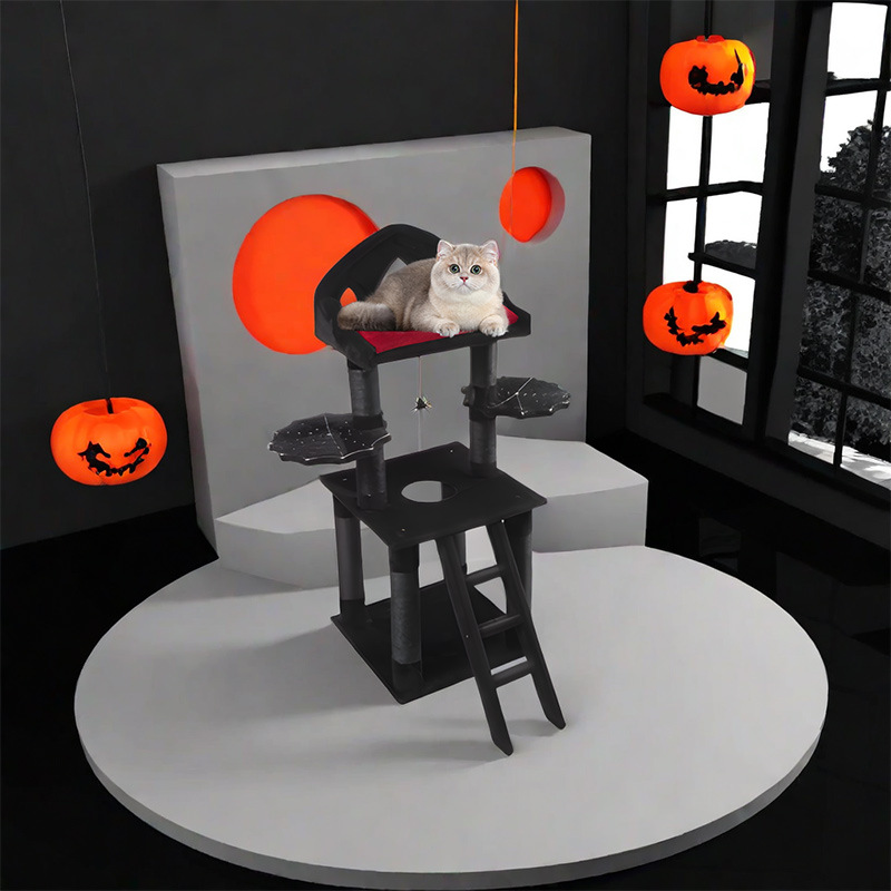Halloween Pumpkin Cat Tower Big Cats Climbing Tree Cat Condo Scratching Post Multi-Level Large Cat Climbing Ladder Stairs - Black