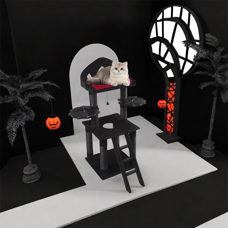 Halloween Pumpkin Cat Tower Big Cats Climbing Tree Cat Condo Scratching Post Multi-Level Large Cat Climbing Ladder Stairs - Black