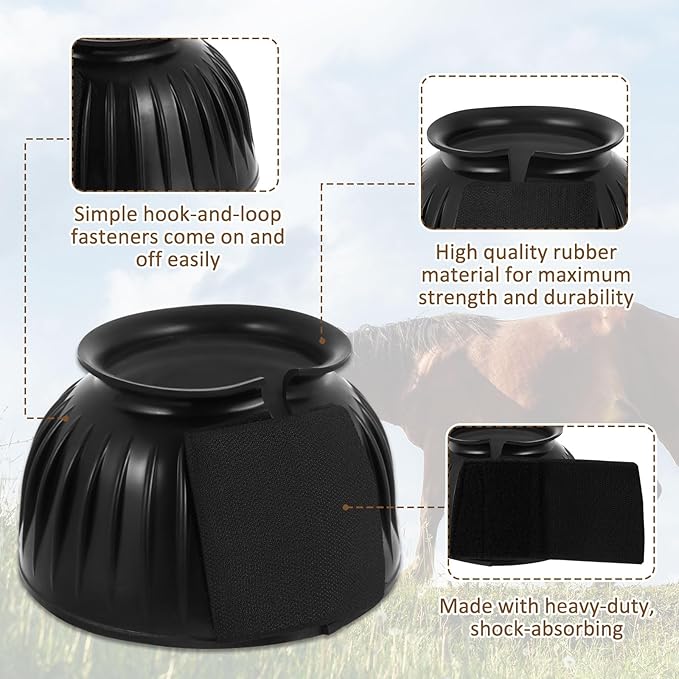 Horse Bell Boots No Rub Rubber For Enhanced Hoof Protection Quick Wrap Hook Loop Closure Ideal Turnout & Training - Classic Black