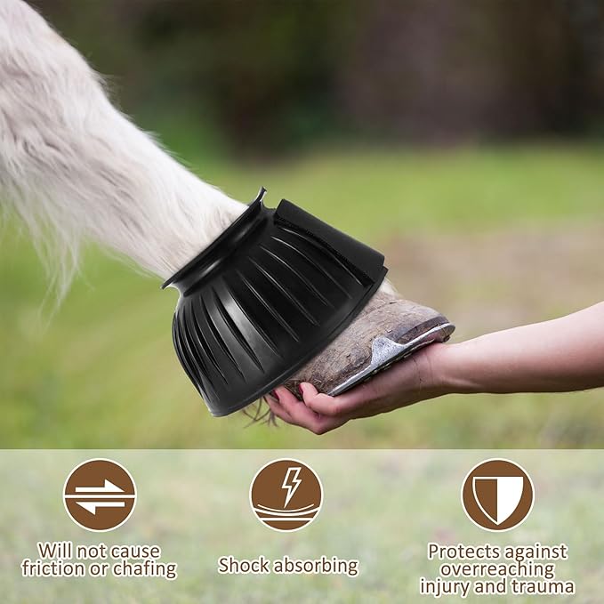 Horse Bell Boots No Rub Rubber For Enhanced Hoof Protection Quick Wrap Hook Loop Closure Ideal Turnout & Training - Classic Black