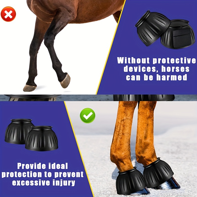 Horse Bell Boots No Rub Rubber For Enhanced Hoof Protection Quick Wrap Hook Loop Closure Ideal Turnout & Training - Classic Black