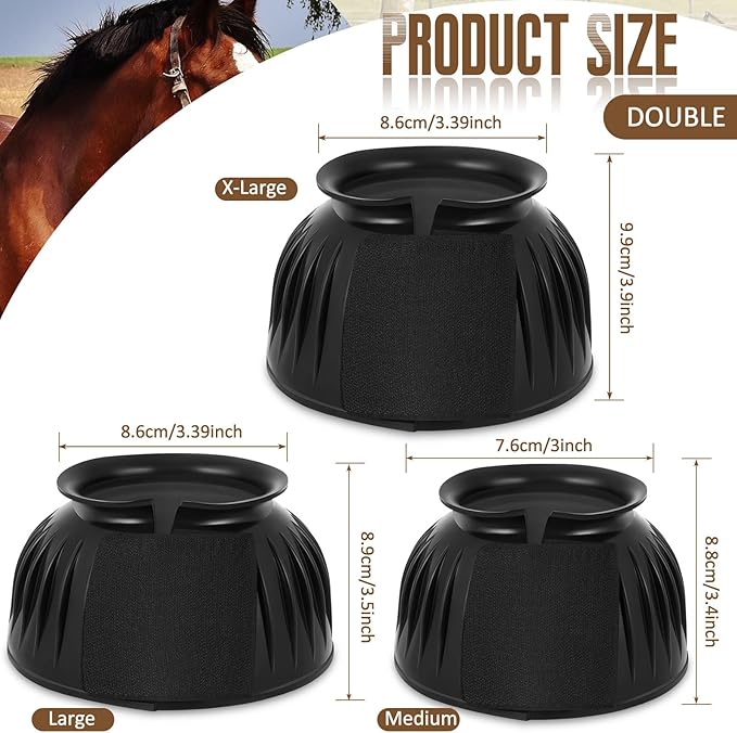 Horse Bell Boots No Rub Rubber For Enhanced Hoof Protection Quick Wrap Hook Loop Closure Ideal Turnout & Training - Classic Black