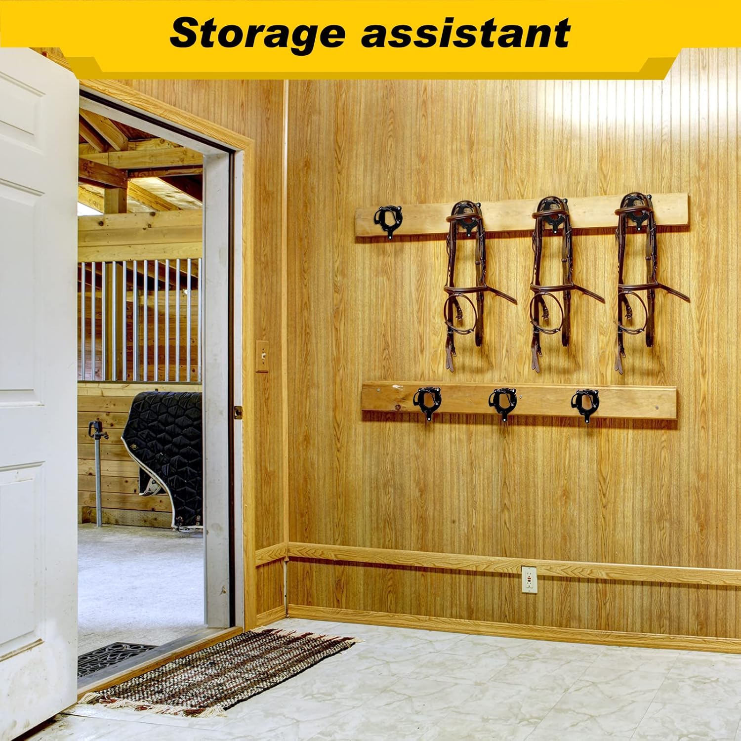 Horse Bridle Rack Bracket Hooks Tubes Screw Tack Storage Halter Hanger Metal Holder Room Blanket Wall Mount - Black 6 Counts