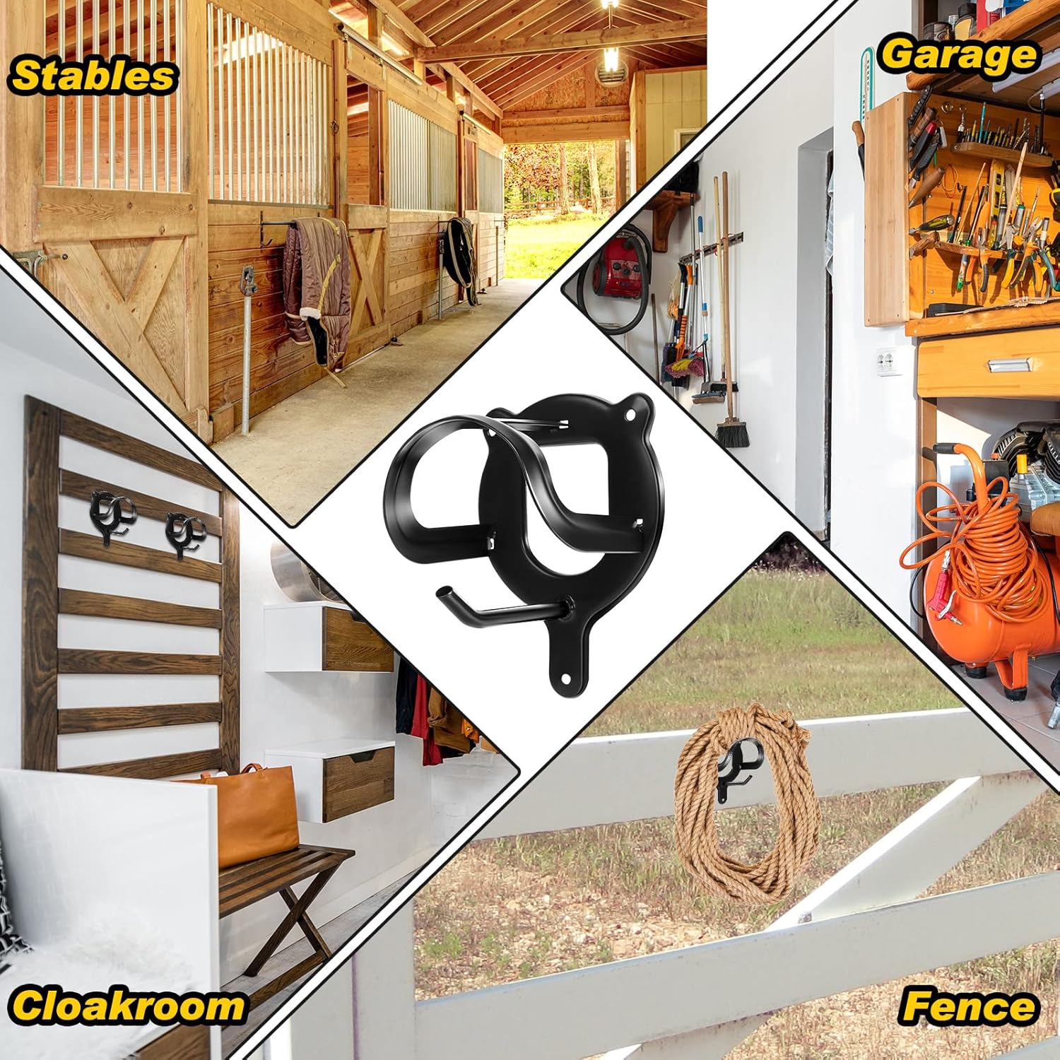 Horse Bridle Rack Bracket Hooks Tubes Screw Tack Storage Halter Hanger Metal Holder Room Blanket Wall Mount - Black 6 Counts