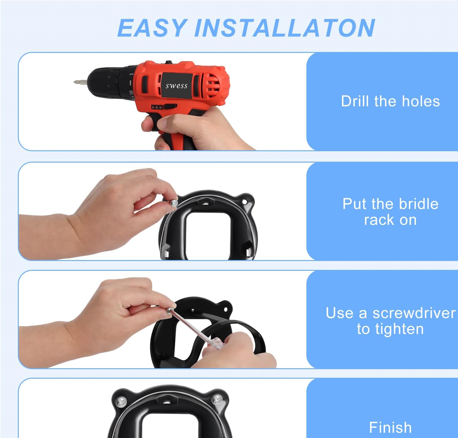 Horse Bridle Rack Bracket Hooks Tubes Screw Tack Storage Halter Hanger Metal Holder Room Blanket Wall Mount - Black 6 Counts