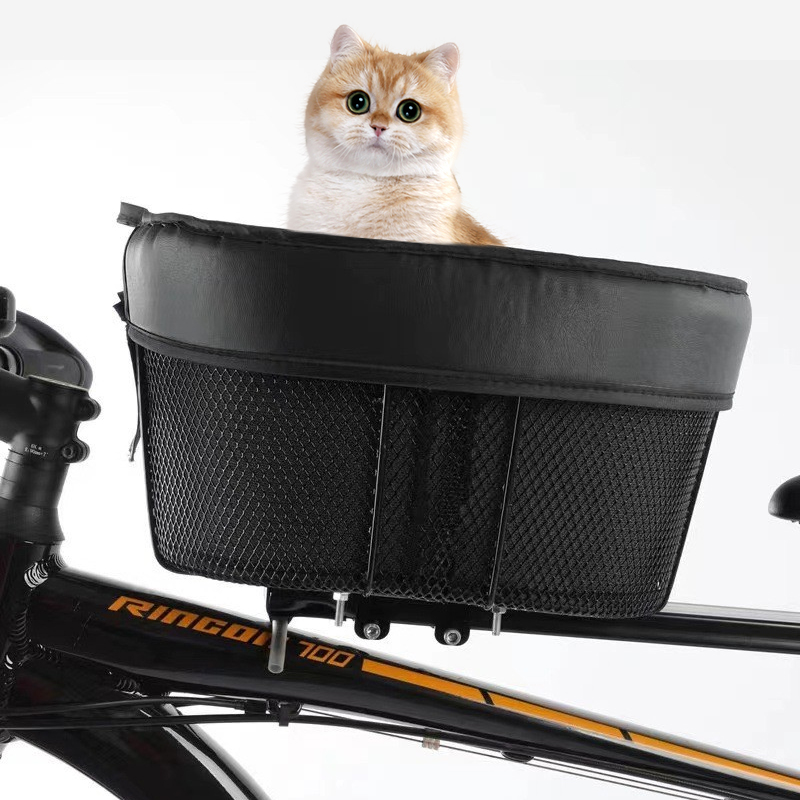 Iron frame Leather Pet Bike Bicycle Basket Durable Mesh Dog Cat Carrier Ideal For Shopping Outdoor Adventures - Mountain Bikes