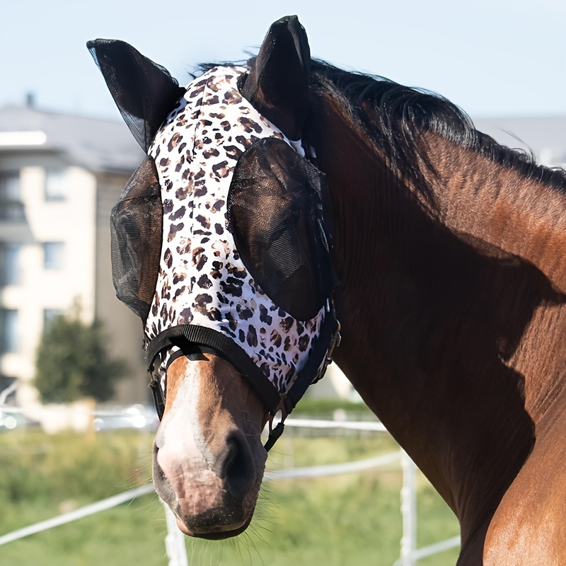 Leopard Print Spandex Mosquito Repellent Summer Breathable Horse Fly Mask With Ears Rugged Ride Horse Supplies - Black