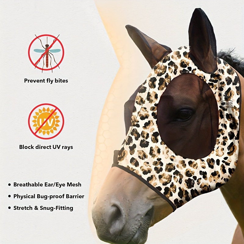 Leopard Print Spandex Mosquito Repellent Summer Breathable Horse Fly Mask With Ears Rugged Ride Horse Supplies - Black