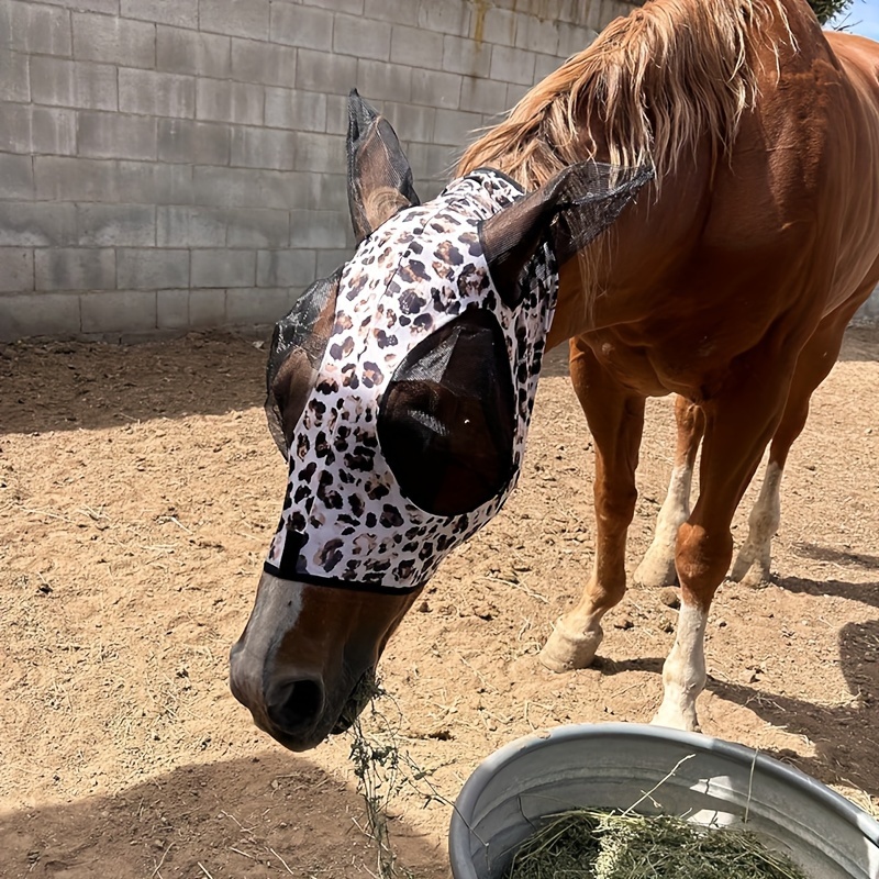 Leopard Print Spandex Mosquito Repellent Summer Breathable Horse Fly Mask With Ears Rugged Ride Horse Supplies - Black