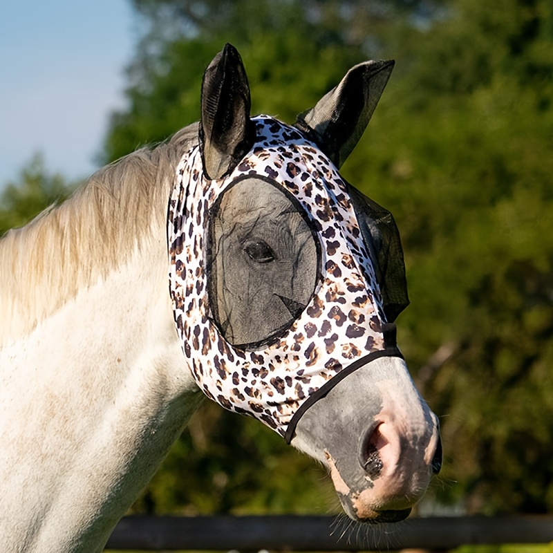 Leopard Print Spandex Mosquito Repellent Summer Breathable Horse Fly Mask With Ears Rugged Ride Horse Supplies - Black