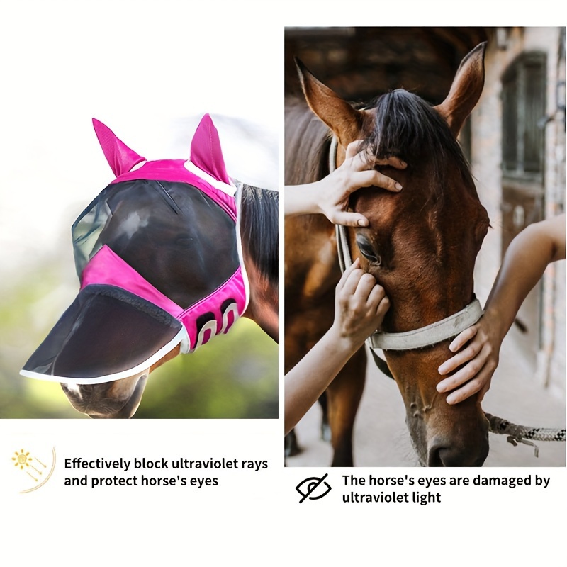 Long Nose Polyester Mosquito Repellent Summer Breathable Horse Fly Mask With Ears Comfortable Mesh Ride Horse Supplies - Rose