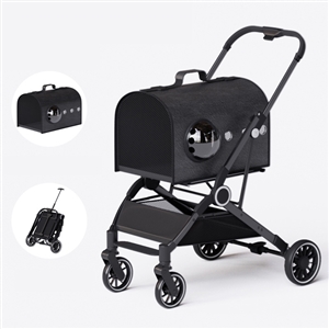 Luxury Foldable Pet Stroller Alloy Multifunctional PU Leather Removable Cats Dogs Bags Storage Basket Travel Outdoor - Black