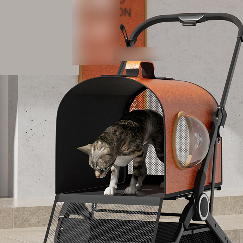 Luxury Foldable Pet Stroller Alloy Multifunctional PU Leather Removable Cats Dogs Bags Storage Basket Travel Outdoor - Black