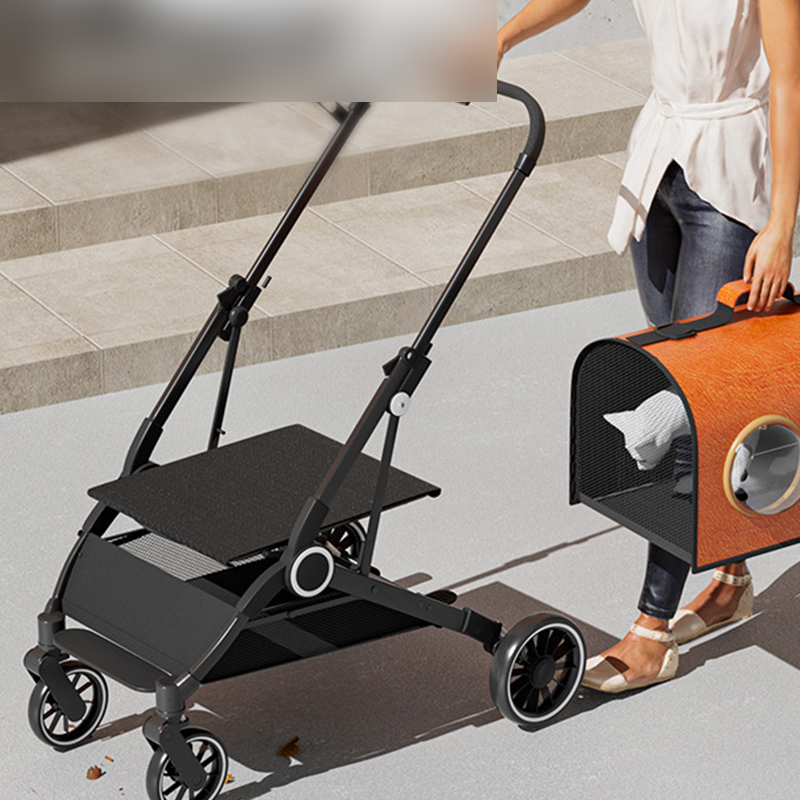 Luxury Foldable Pet Stroller Alloy Multifunctional PU Leather Removable Cats Dogs Bags Storage Basket Travel Outdoor - Black