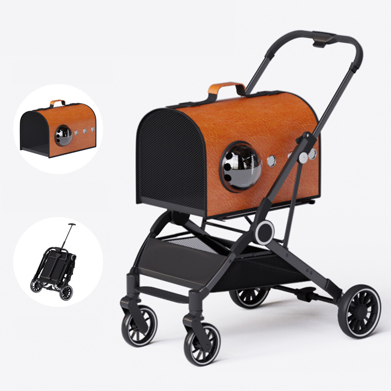 Luxury Foldable Pet Stroller Alloy Multifunctional PU Leather Removable Cats Dogs Bags Storage Basket Travel Outdoor - Black