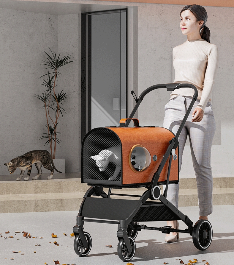 Luxury Foldable Pet Stroller Alloy Multifunctional PU Leather Removable Cats Dogs Bags Storage Basket Travel Outdoor - Black