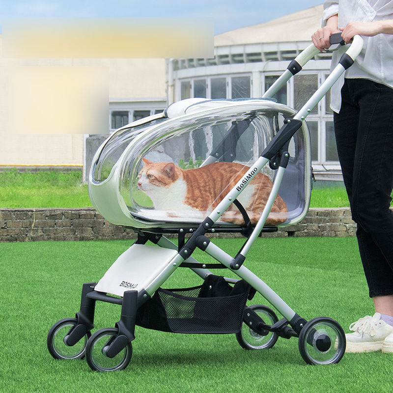 Luxury Foldable Pet Stroller With Wheels Multifunctional Metal Removable Cats Dogs Bags Storage Basket Travel Outdoor - Transparent