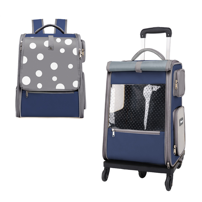 Portable Pet Backpack With Wheels Durable Polyester Carrier For Medium Cats Dogs Bags Ideal For Travel Outdoor Use - Blue