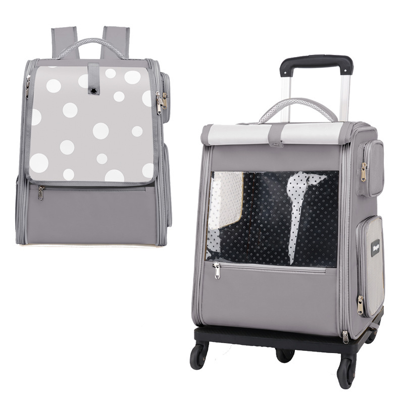 Portable Pet Backpack With Wheels Durable Polyester Carrier For Medium Cats Dogs Bags Ideal For Travel Outdoor Use - Grey