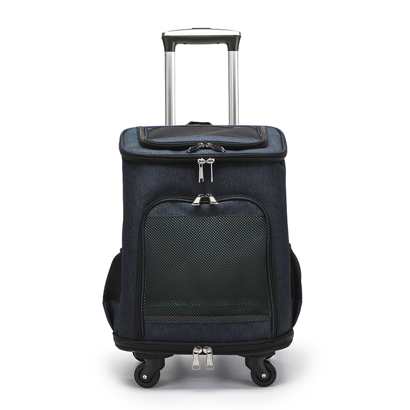 Portable Pet Backpack With Wheels Durable Polyester Zipper Closure For Cats Dogs Bags Ideal For Travel Outdoor Use - Blue