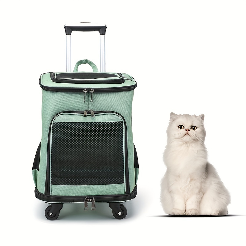 Portable Pet Backpack With Wheels Durable Polyester Zipper Closure For Cats Dogs Bags Ideal For Travel Outdoor Use - Green
